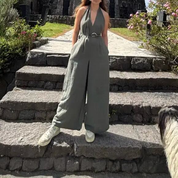 Adam Lippes Olive Green Wide Leg Jumpsuit SIZE 2 Halter Backless Designer $410 - Picture 8 of 11